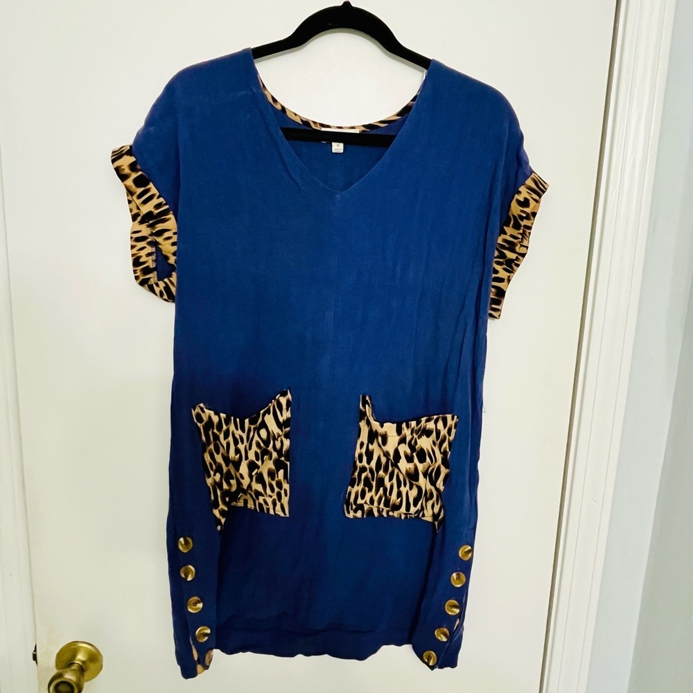 Umgee Leopard Accent Blue Linen Sundress